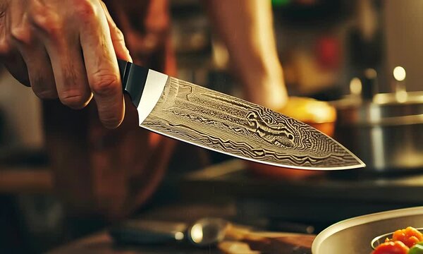 A chef's hand delicately holding a sharp, patterned chef's knife, ready for cooking.