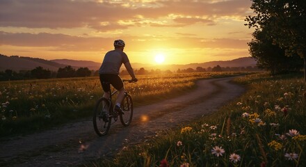 Obraz premium Cyclist enjoying sunset while riding on a scenic dirt path 