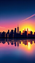 City skyline reflection during sunset in vibrant colors  