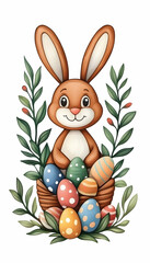 Obraz premium Adorable cartoon bunny surrounded by colorful Easter eggs in a basket, nestled within spring greenery