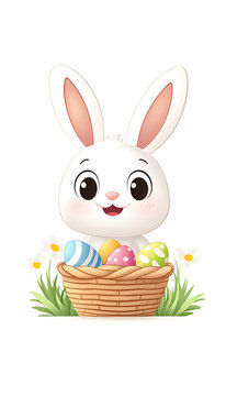 recommend clip art: Adorable white bunny holding Easter eggs in a basket