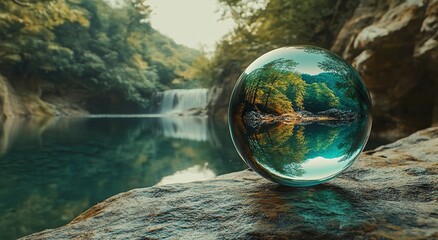 Fototapeta premium A glass ball resting on a rock, with a reflection of a forest and river. The color theme is green, blue, black, and white. The image is photo-realistic, with high resolution and high definition.