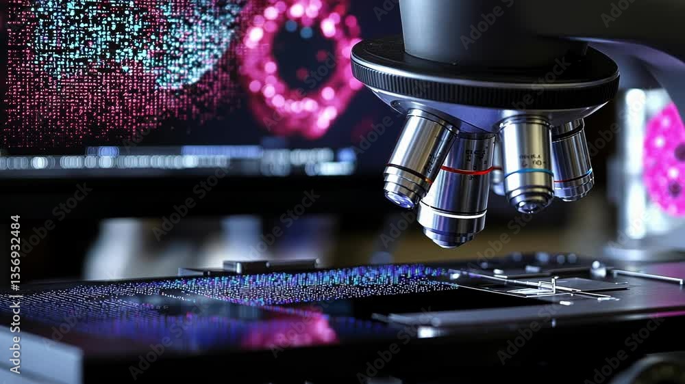 Aufkleber modern microscope is analyzing dna data displayed on a computer screen, representing advanced scient