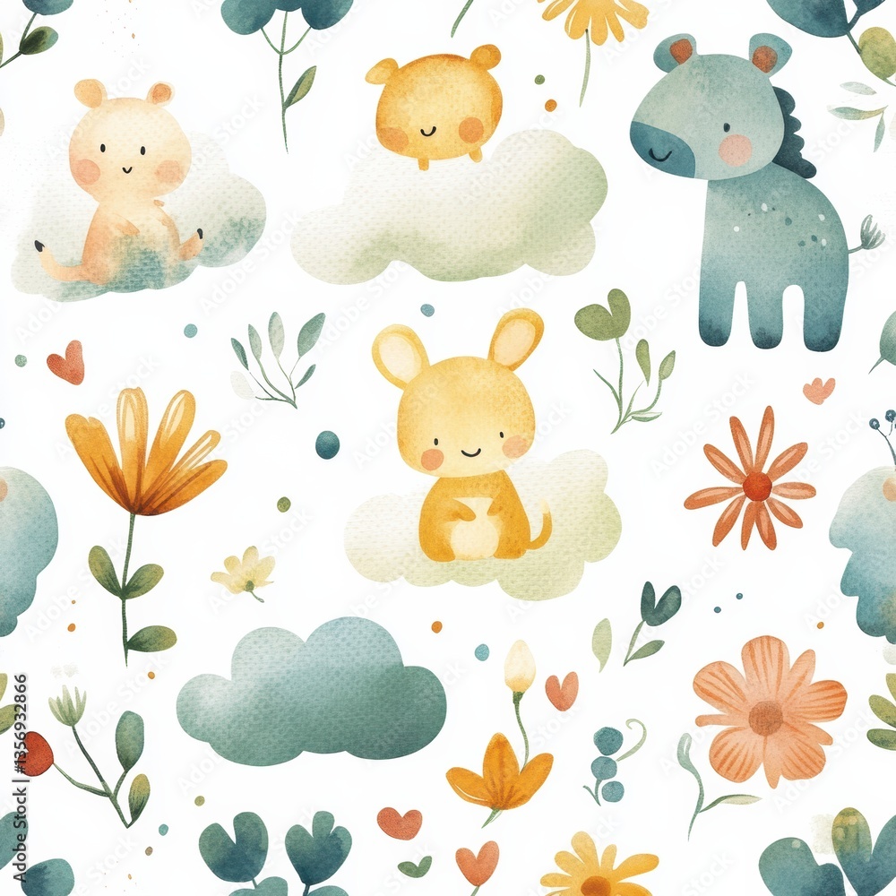 Poster cute seamless baby pattern featuring playful watercolor textures of animals, clouds, and flowers in 