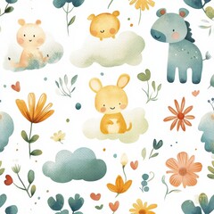 Obraz premium Cute seamless baby pattern featuring playful watercolor textures of animals, clouds, and flowers in a soft and handcrafted style Generative AI