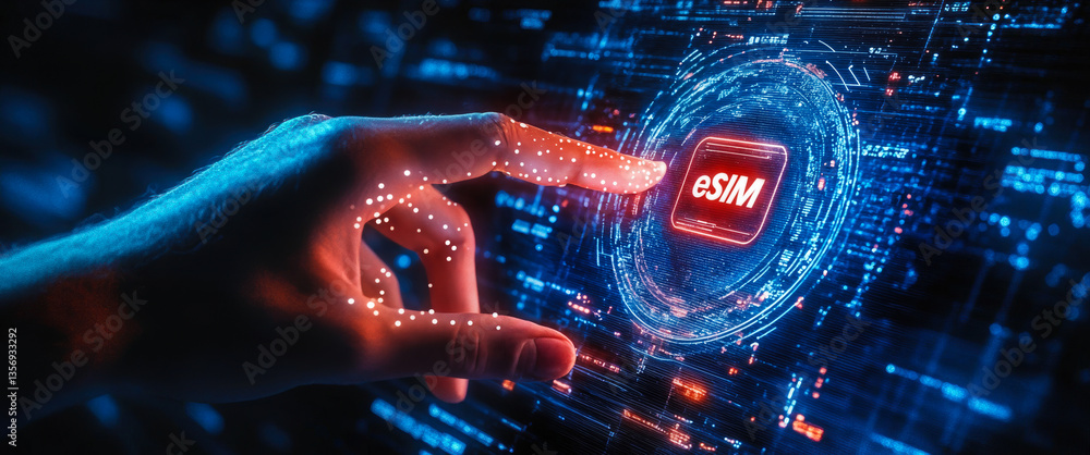 Poster futuristic interaction with esim technology: hand touching glowing digital interface in a high-tech 