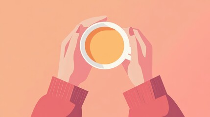 Cozy Warm Drink in Hands Against Soft Peach Background