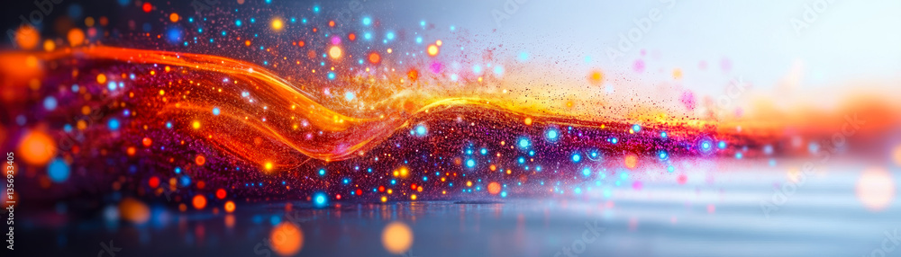 Poster vibrant abstract digital waves with colorful glowing spheres representing data flow in a futuristic 