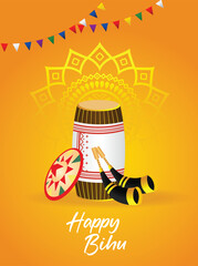 Happy Bihu harvest festival celebrated in Assam, India Dhol, Pepa, Japi, vector poster