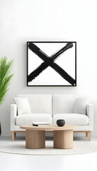 Black ink X abstract art print on wall above white couch