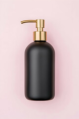 Obraz premium Black matte soap dispenser with gold pump on pink background