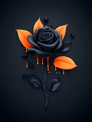 Black rose with orange dripping paint, dark background