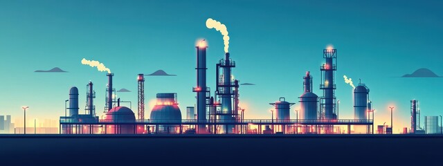 Vibrant Industrial Landscape at Dawn with Smokestacks and Silhouettes