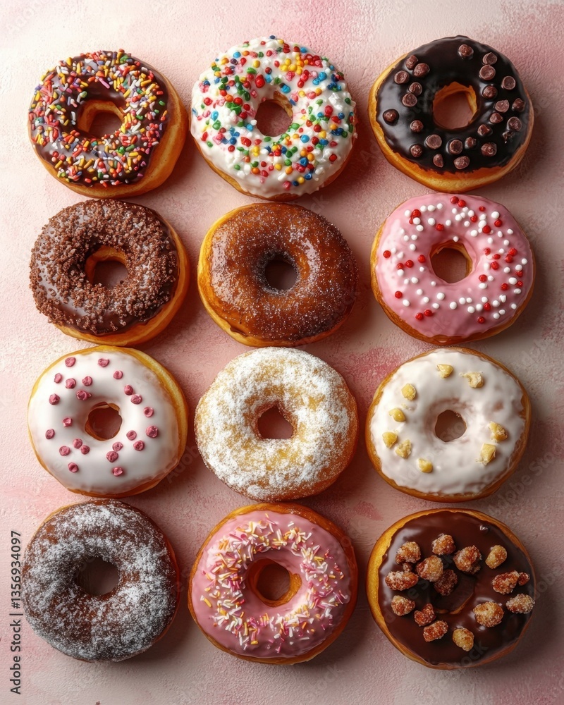 Poster assorted donuts with colorful frosting and sprinkles arranged on a pink surface creating a visually 