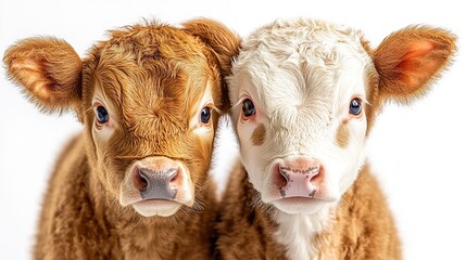 Calf standing under the gentle gaze of its mother, both posed side by side, tender affection isolated cleanly on a bright white background.  