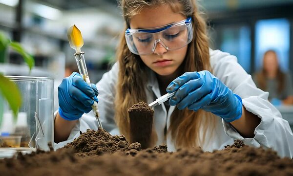 A young scientist in a lab examines soil samples with tools and protective eyewear, focused.