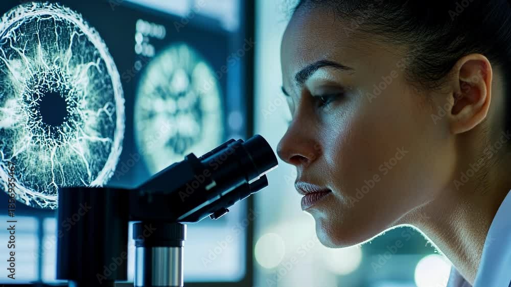 Aufkleber focused scientist examines intricate microscopic structures displayed on a screen, highlighting the 