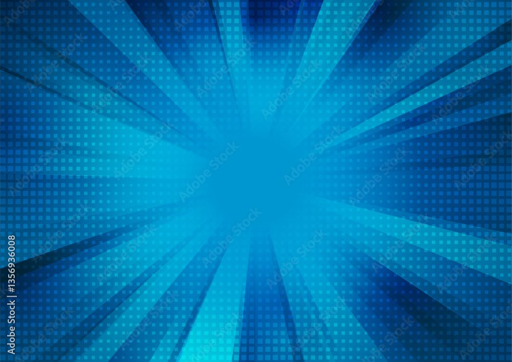 Poster Blue pop art rays abstract geometric background with squares halftone. Retro geometric concept vector design