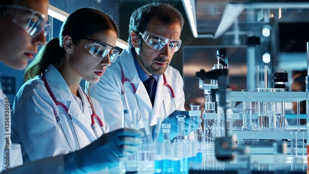 Poster researchers in a cutting edge lab focus intently on scientific experiments. wearing protective gear,