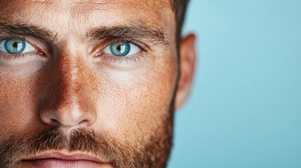 Obraz premium This striking close-up captures the essence of a blue-eyed man, showcasing his textured skin and well-groomed beard against a clean, light blue background.