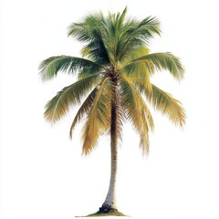 Obraz premium Tropical coconut palm tree isolated on white background in bright sunlight showcasing vibrant green foliage and natural textures for summer vacation