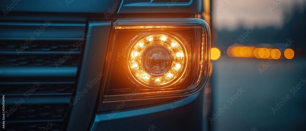 Poster captivating close up of a modern vehicle headlight with a glowing circular led design and blurred ba