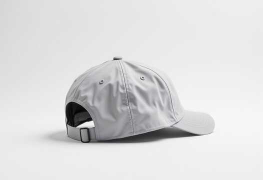 A cap mockup is staged from a back view on a clear white stage. The adjustable closure is the focal point, showcasing the stitching and the method of fastening