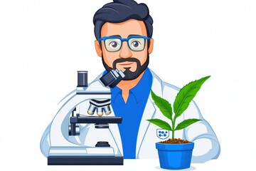 Cartoon biologist with glasses analyzing plant cells under microscope with potted plant on the desk in colorful laboratory scene