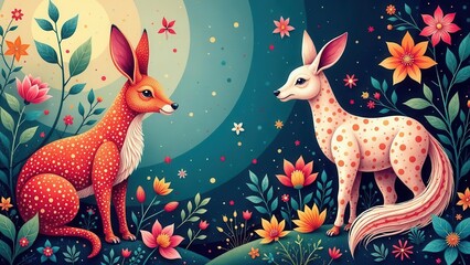 Naklejka premium Enchanted Forest Creatures Two Spotted Deer Adorned with Vibrant Floral Accents in a Mystical Night Setting