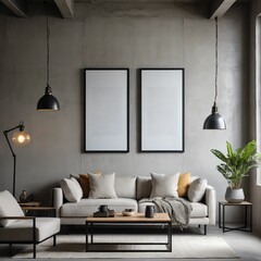 Modern Living Room Interior with Beige Sofa and Industrial Decor