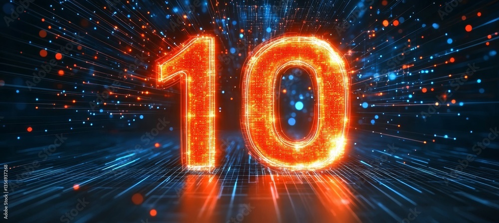 Poster glowing digital number 10 in virtual reality cyber space on an abstract background with neon light