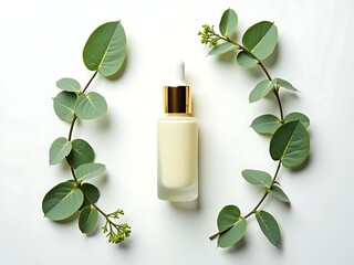 Minimalist flat-lay of a sleek gold-capped dropper bottle with cream liquid, surrounded by fresh eucalyptus leaves and green buds on a white background."