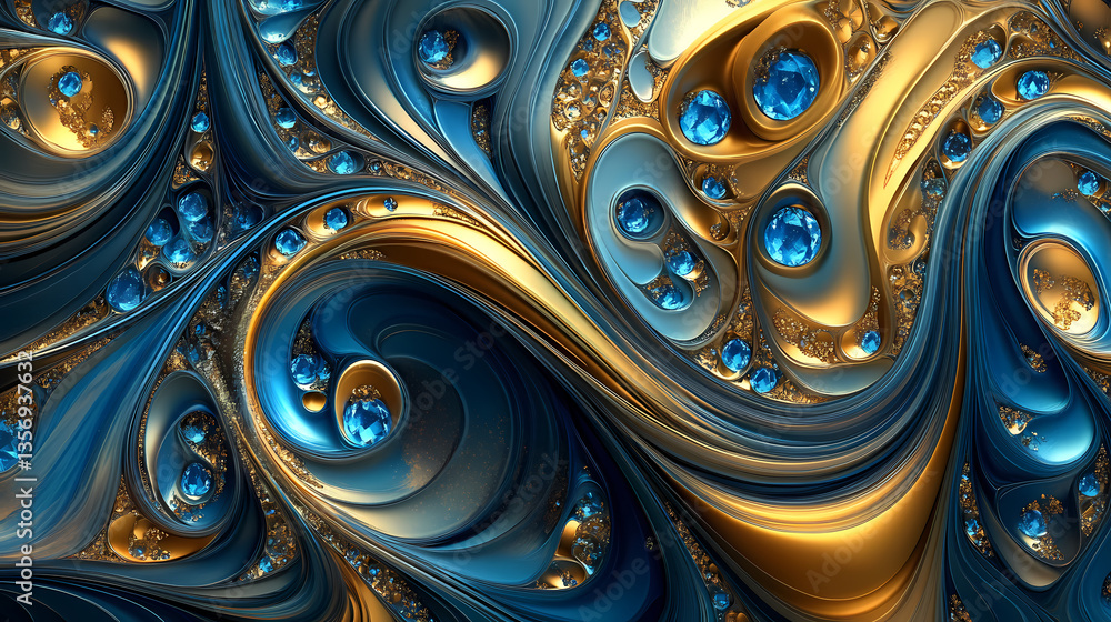 Poster abstract gemstone swirl: intricate swirls of gold and blue coalesce, adorned with sparkling gems, cr