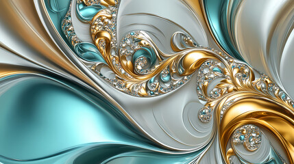 Luxury Abstract Design: a close-up view of an opulent abstract design. The interplay of gold, teal, and silver swirls evokes a sense of richness and sophistication.