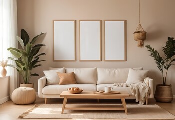 Modern Beige Living Room Interior with Blank Frames