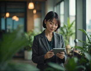 Fototapeta premium Elegant Japanese woman interacting with a tablet in a bright, plant-filled space, showcasing a modern connected lifestyle and the seamless integration of technology