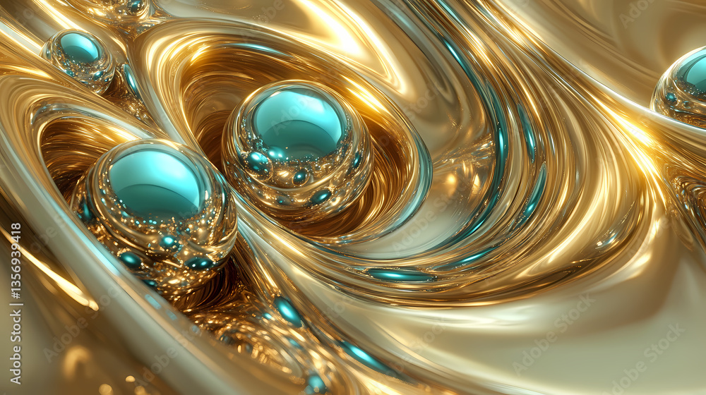 Poster golden spheres in flow: a mesmerizing abstract composition features luminous golden liquid swirling 