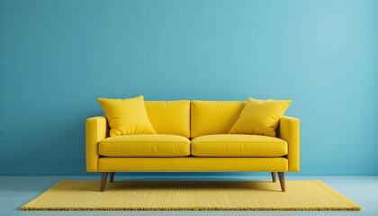 Modern Yellow Sofa in a Teal Room with a Beige Rug