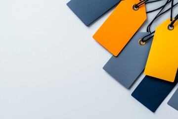 Obraz premium Colorful price tags in orange and gray arranged on a clean background