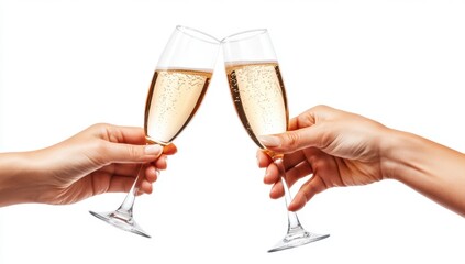 Two hands holding and toasting champagne glasses with sparkling wine isolated on a white background