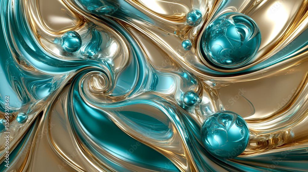 Poster elegance in motion: a swirling composition in gold and turquoise showcases abstract spheres, creatin