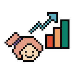 Obraz premium Cartoon cute pixel cartoon 8bit character business woman office smart work game decoration business 8 bit female lady teacher businesswoman career smart character game png vector.