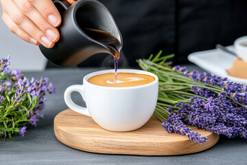 Lavender herbal coffee being poured into a cup with latte art, surrounded by fresh blooming lavender on a wooden coaster, evoking a calming and fragrant moment of relaxation