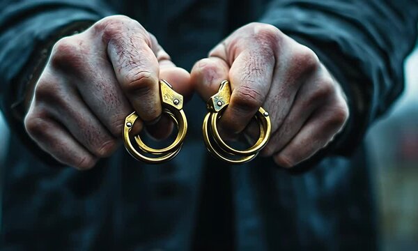 A close-up of hands holding brass knuckles with a menacing and gritty appearance.