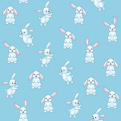 Seamless wallpaper rabbit pattern. Blue background with a white hand drawn bunny