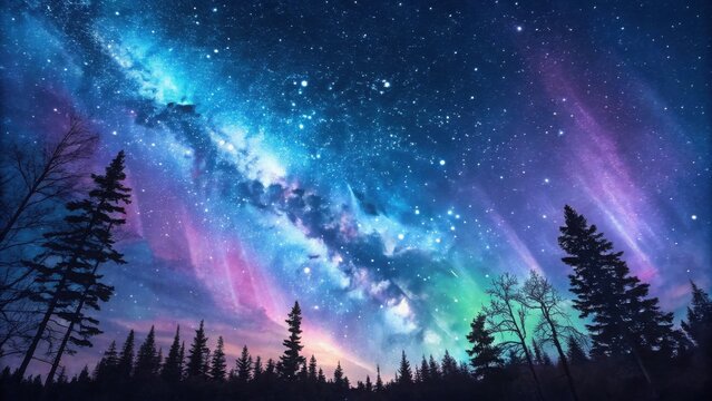 Night sky with aurora borealis over a snowy forest silhouette under moonlight. night landscape with trees and stars