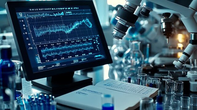 A detailed closeup of a particle size analyzer screen showing realtime data of aerosolized particles in the respirable range surrounded by scientific instruments and a journal open