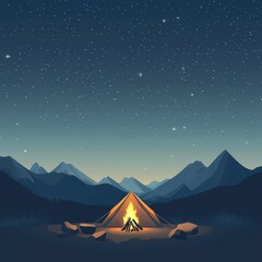 Tranquil Camping Scene Under Starry Night Sky With Mountain View