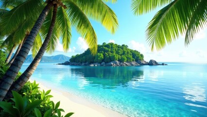 Fototapeta premium Serene tropical island beach scene with palm trees, turquoise water, and pristine white sand, perfect for a relaxing vacation