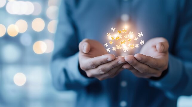 Businessman Holding Jigsaw Puzzle for B2B Teamwork and E-commerce Icons